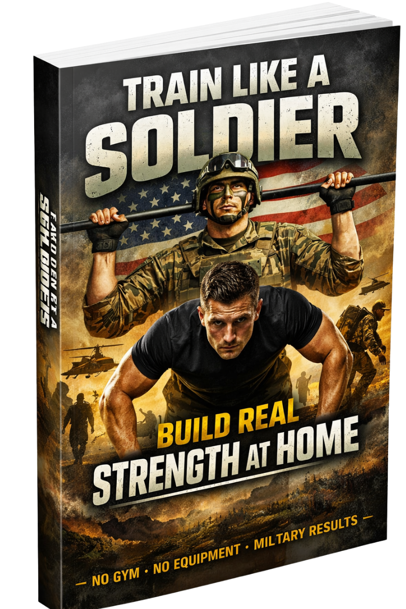 Book titled 'Train Like a Soldier: Build Real Strength at Home' with images of soldiers on the cover.