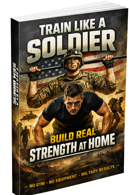 Book titled 'Train Like a Soldier: Build Real Strength at Home' with images of soldiers on the cover.